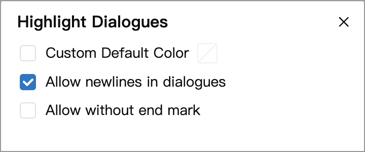 Settings for a quotation across paragraphs: newlines allowed, missing end marks disabled