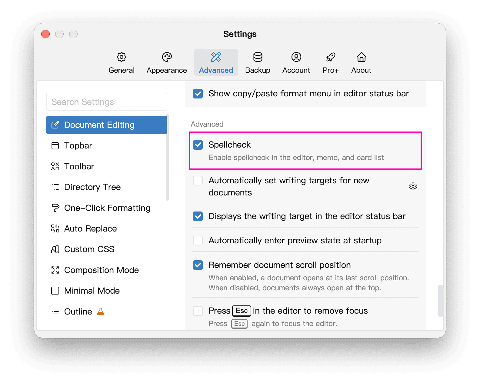 Spellcheck option in Document Editing settings