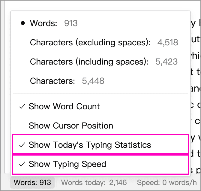 Today's typing count and typing speed in the editor status bar, with their display options