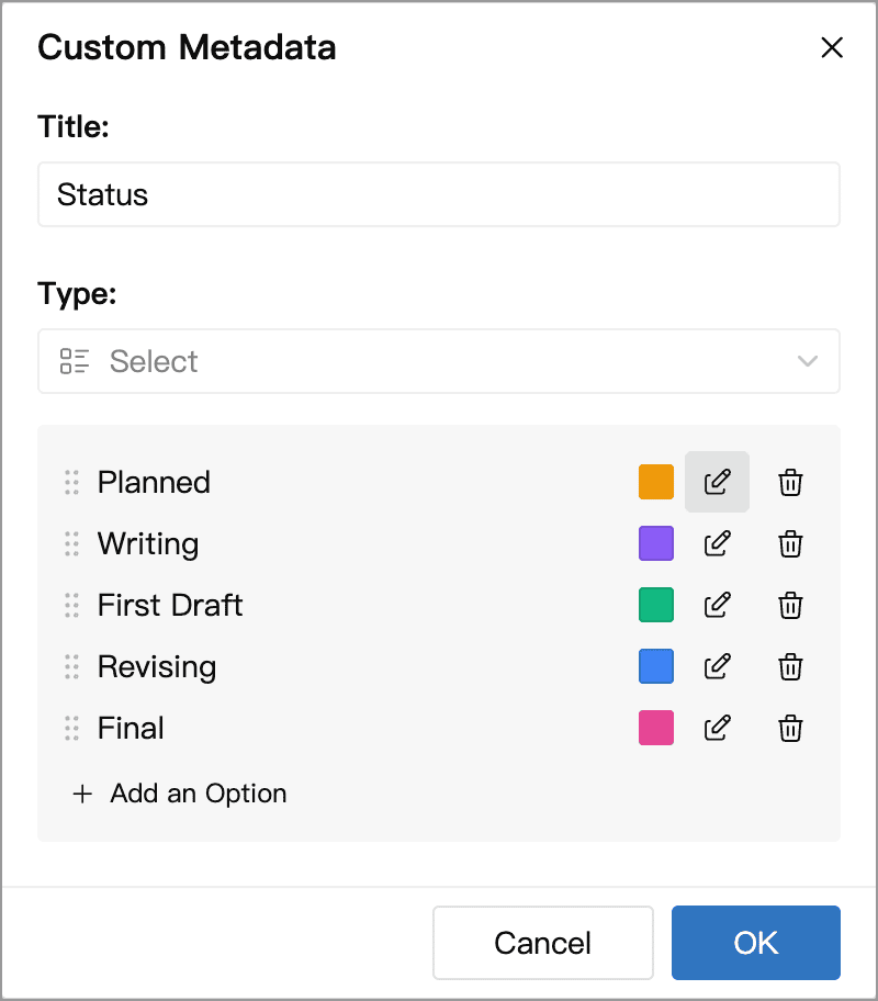 The Status field’s type, options, and colors