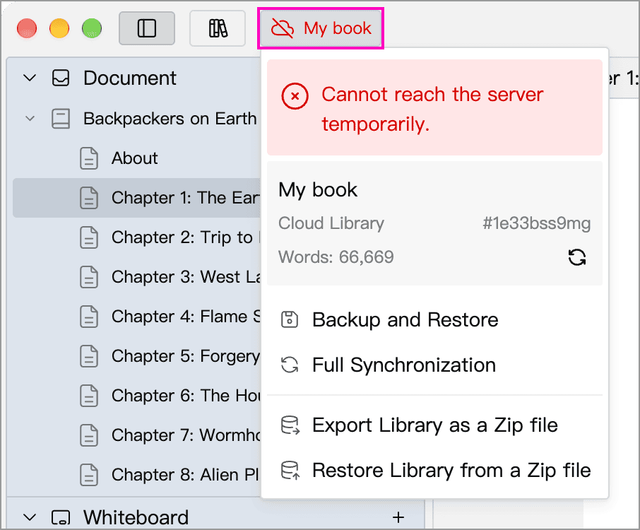 Library name and cloud icon in red, with a connection error in the menu