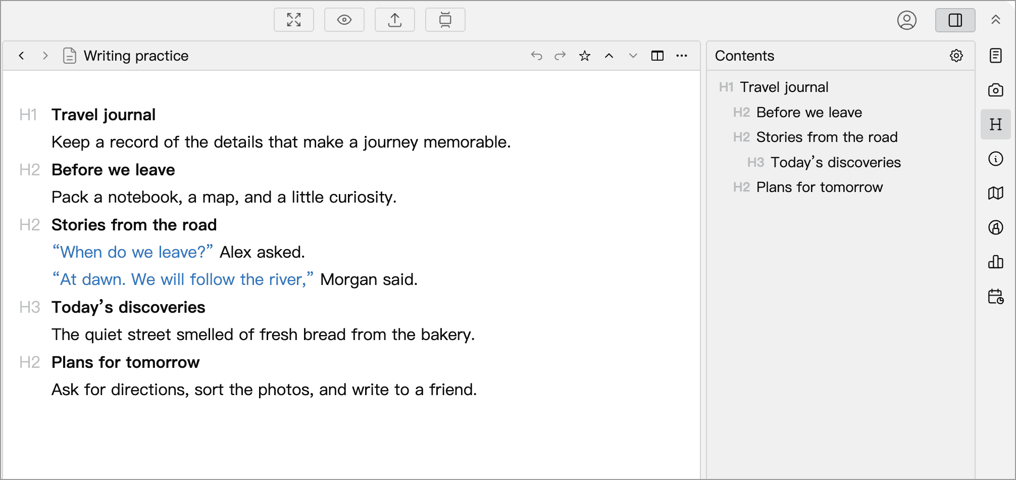Headings in the document and the contents panel