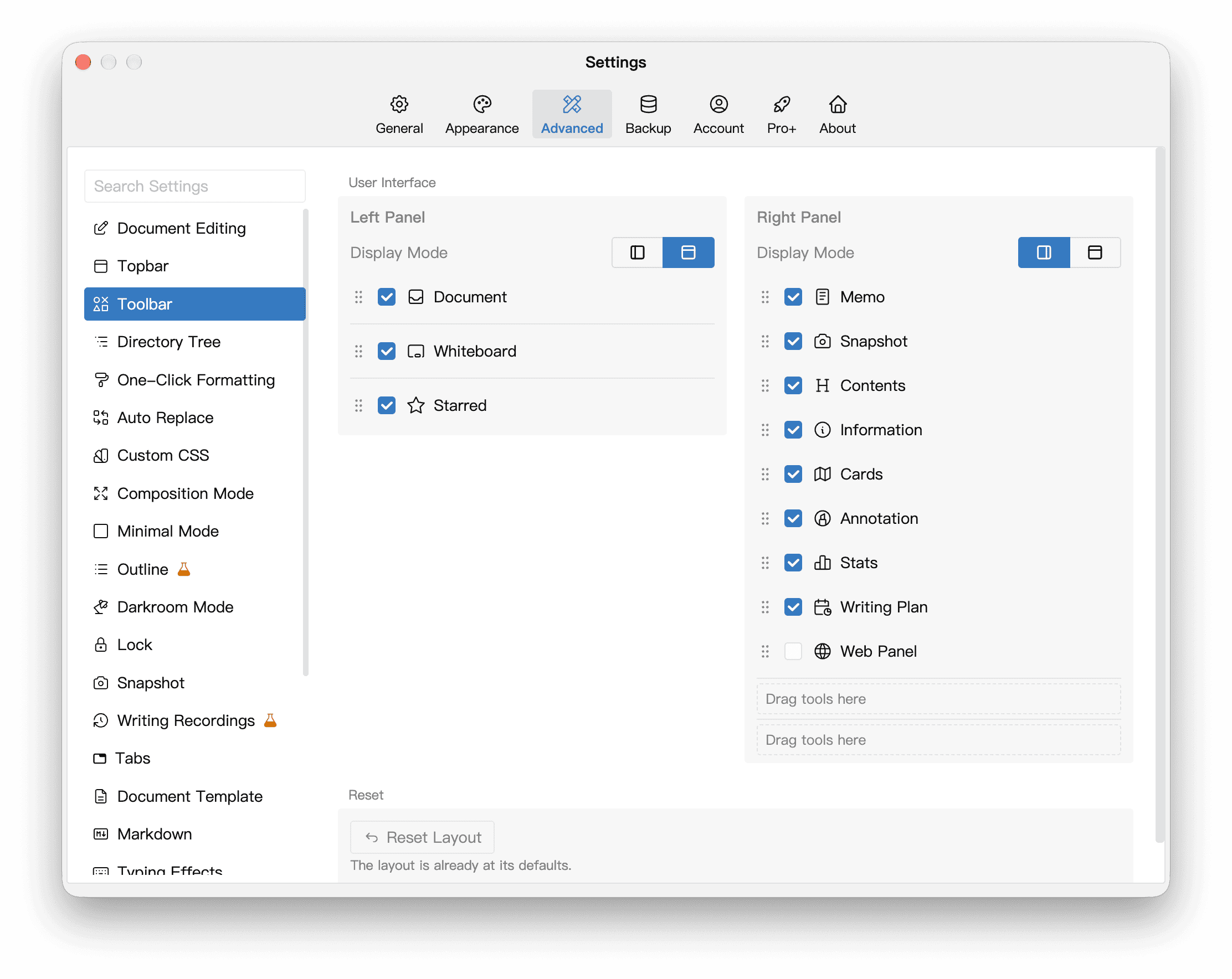 Sidebar layouts and panel lists in Toolbar settings