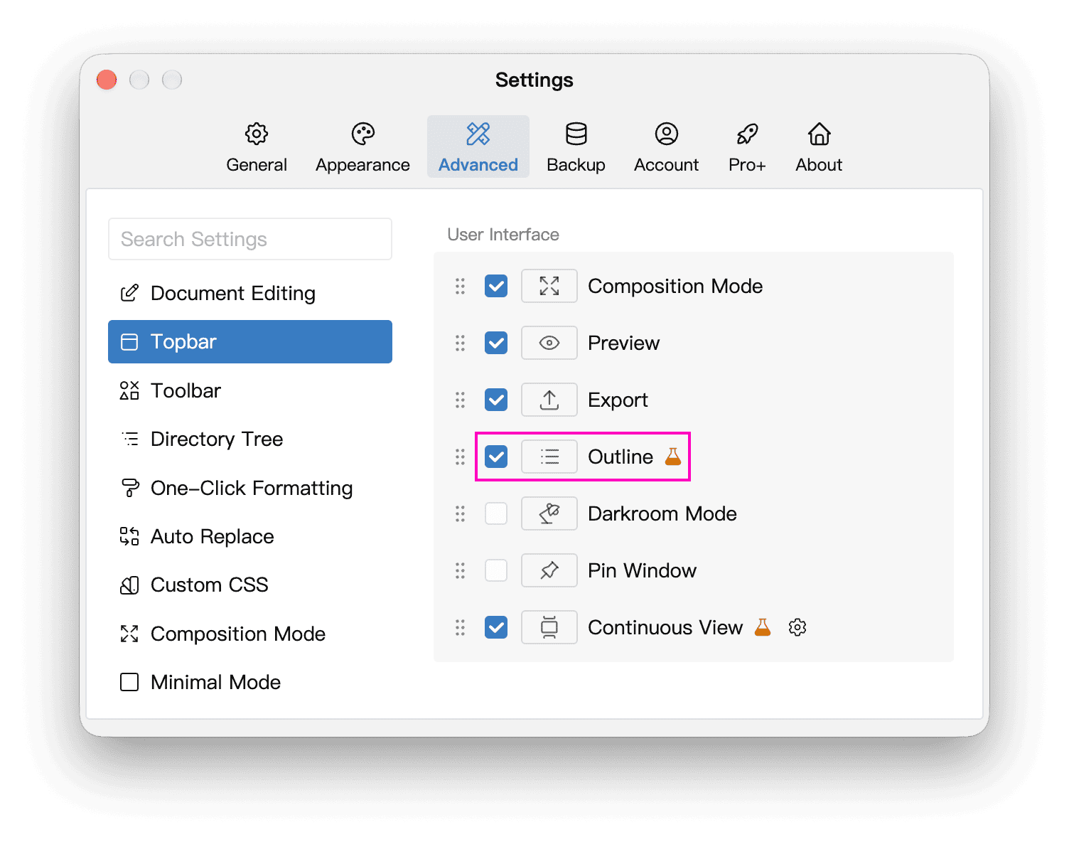 Enable Outline in Advanced Topbar settings